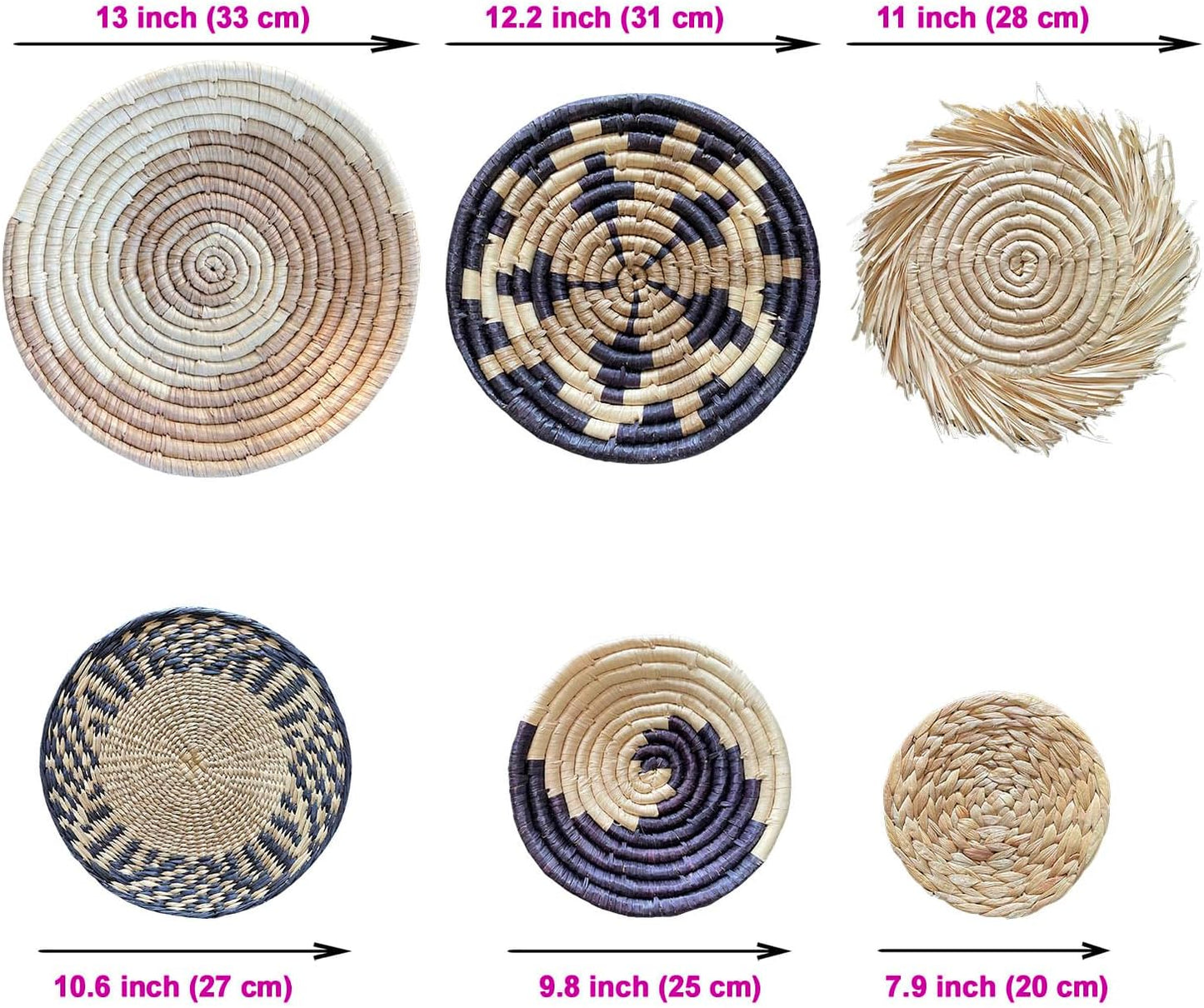 Boho Round Handmade Wall Basket Decor / Bohemian / Natural / Set of 6