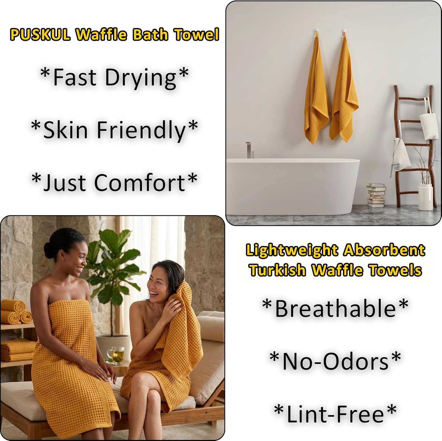 PÜSKÜL Natural 100% Turkish Cotton Waffle Bath Towels Set of 2, Extra-Large | Mustard, Oversize 32x63" Bath sheet towel
