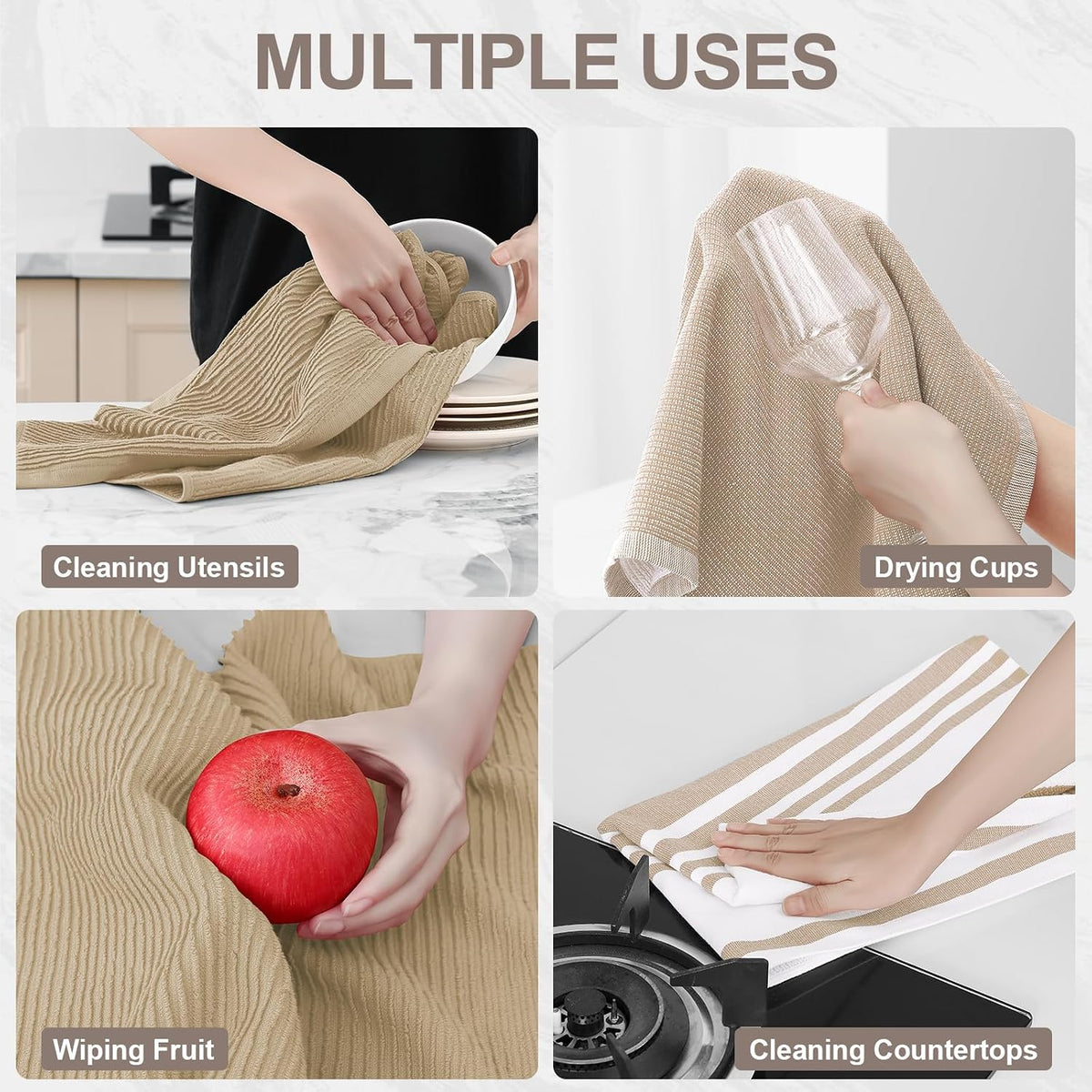 Homaxy Cotton 380 GSM Premium Kitchen Towels, 18"x 28", 9 Pack, Khaki | Soft and Absorbent Terry Dish Towels