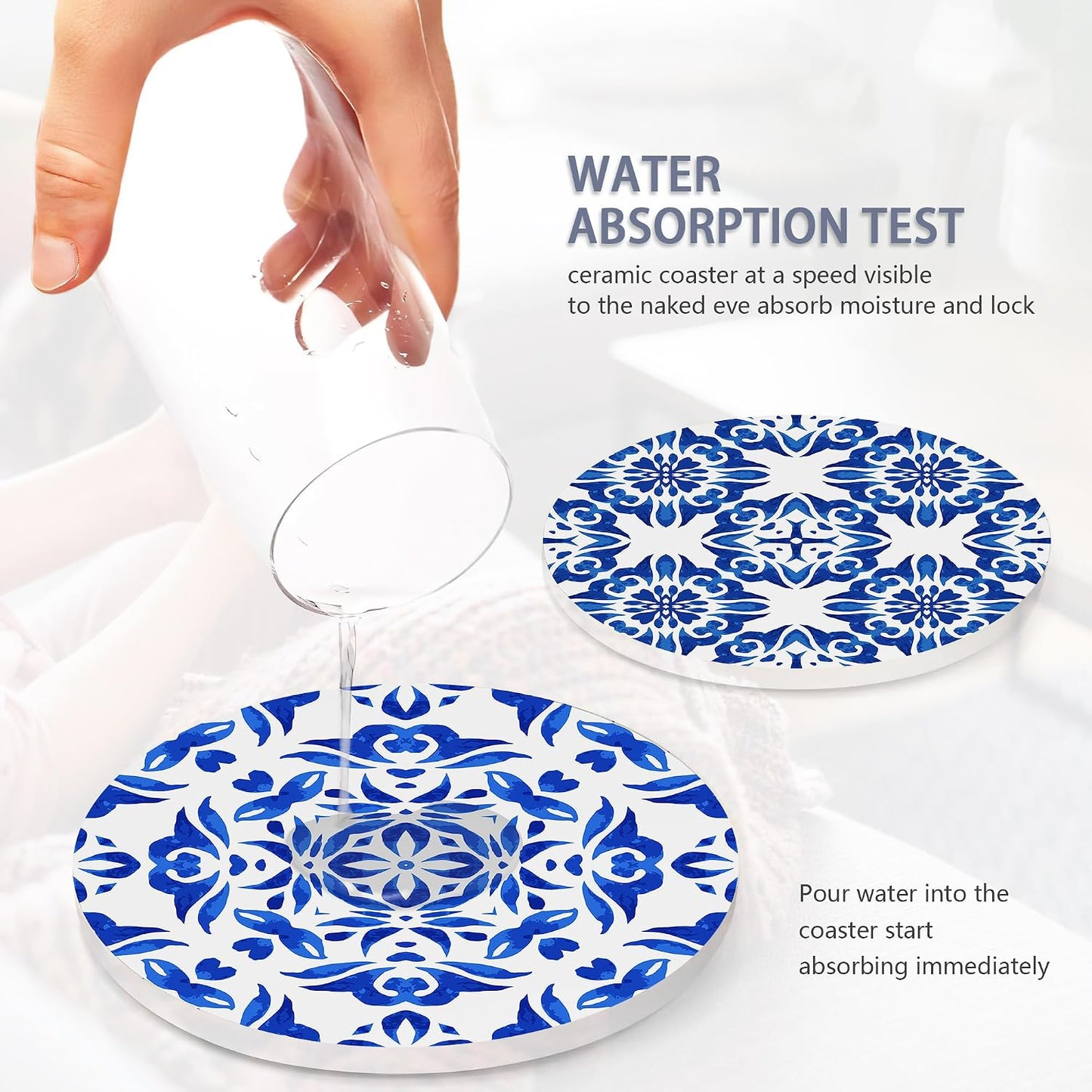Holder / Absorbent Ceramic Coasters / Handpainted Blue Pattern / Set of 6