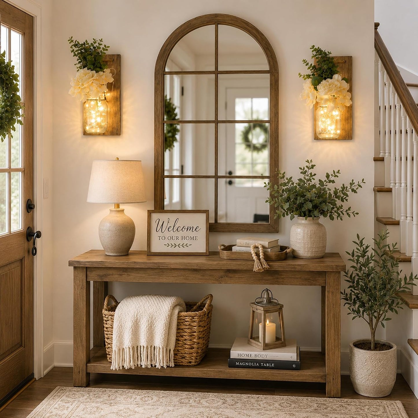 Rustic Mason Jar Wall Sconces / 11.8"H Jacobean + Rose / Set of 2