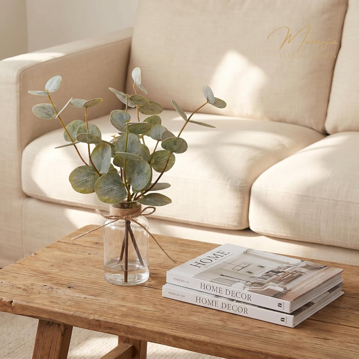 Artificial Eucalyptus Stems in Glass Vase / Double-sided Green Eucalyptus / Set of 3