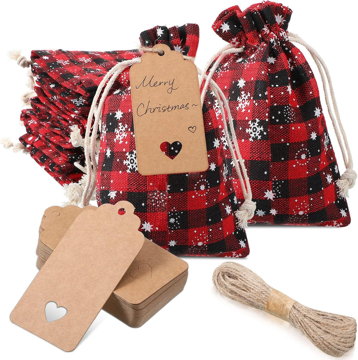 Shappy 24 Pcs Christmas Drawstring Gift Bags Xmas Buffalo Plaid Burlap Advent Bags 7 x 5 Inches Linen Treat Candy Bag with 32.8 ft Rope 24 Card(Black Red Snowflake)