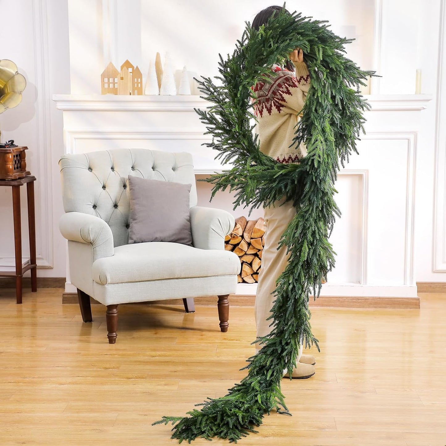 1 Pcs 12 Feet Christmas Artificial Deluxe Norfolk Pine Garlands Realistic Norfolk Pine Faux Greenery Garlands for