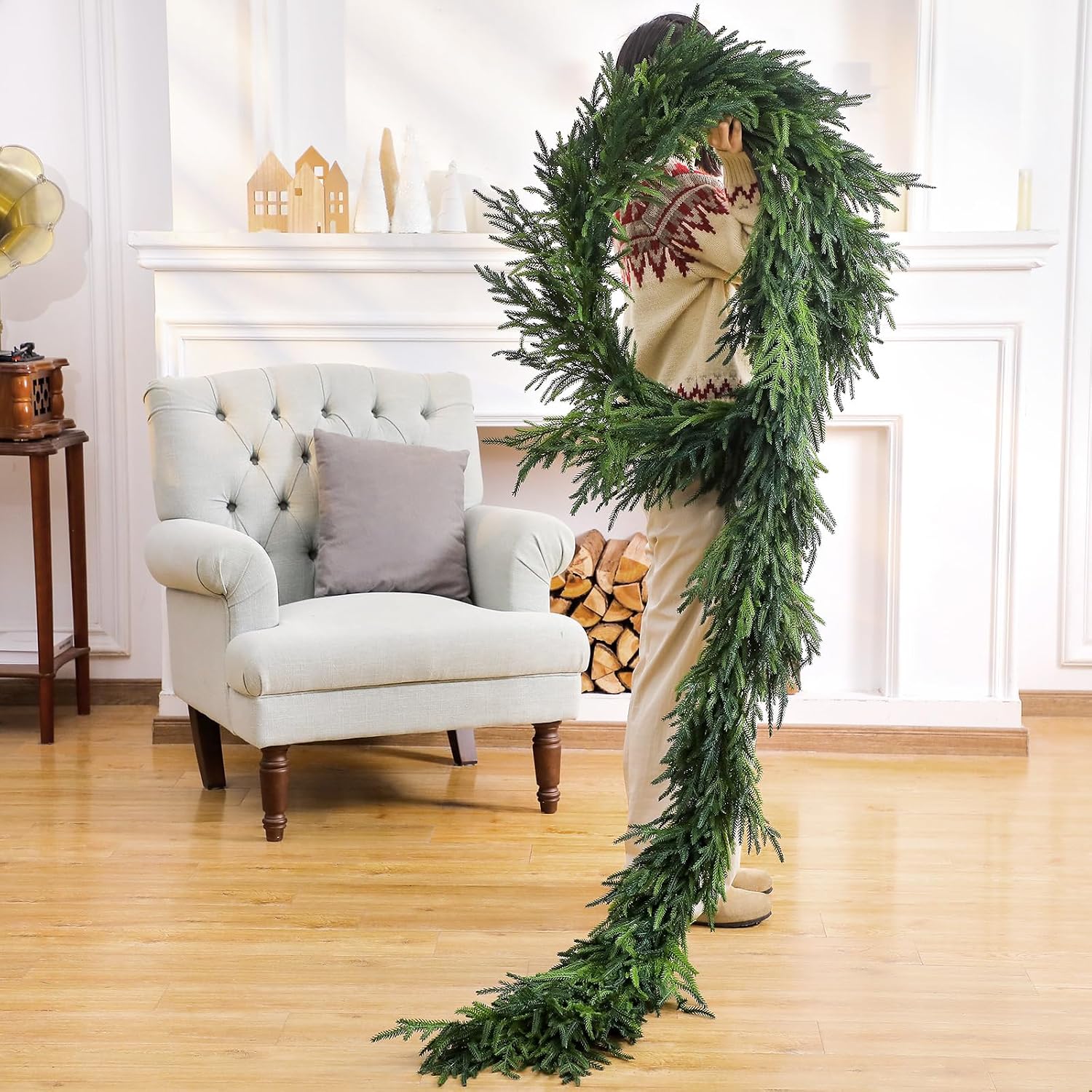 1 Pcs 12 Feet Christmas Artificial Deluxe Norfolk Pine Garlands Realistic Norfolk Pine Faux Greenery Garlands for