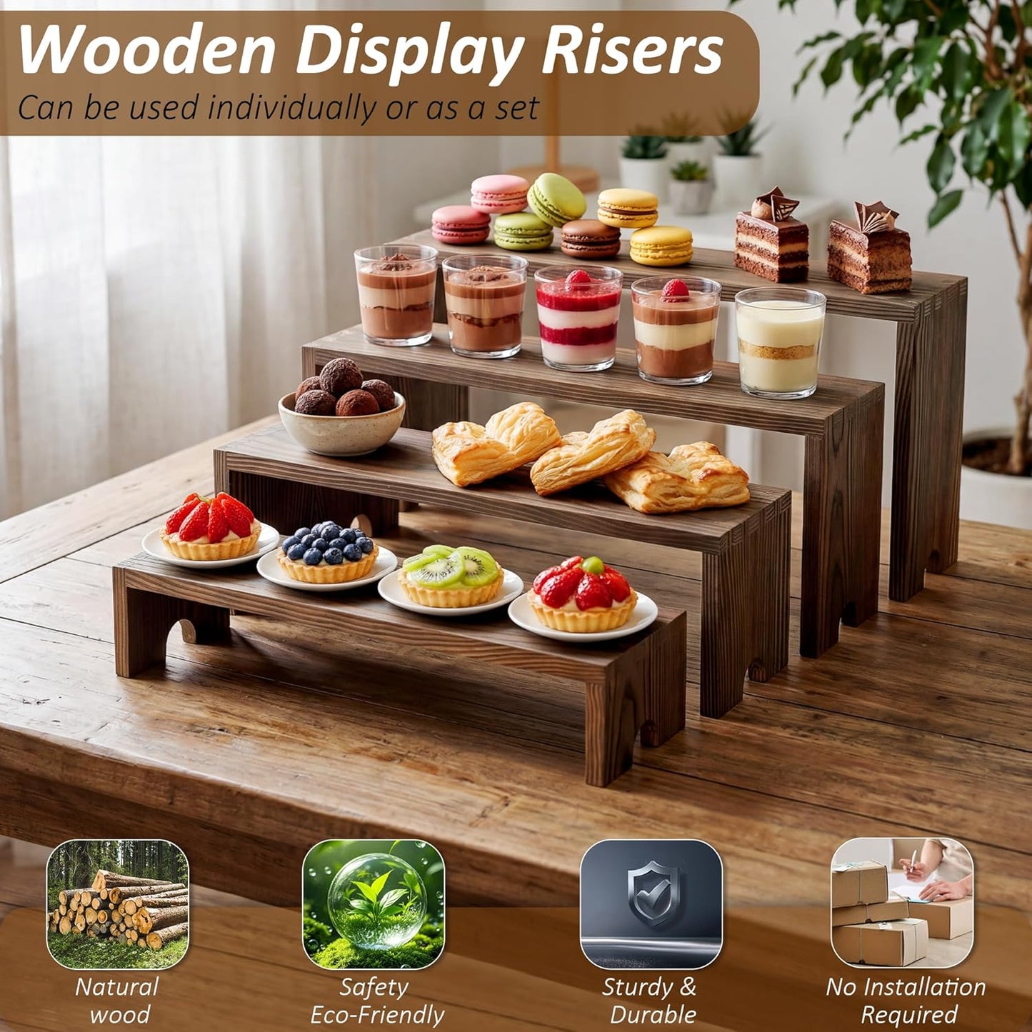 Wooden Cupcake Stand for Decor / Dark Brown / 4 Tiers / Set of 2