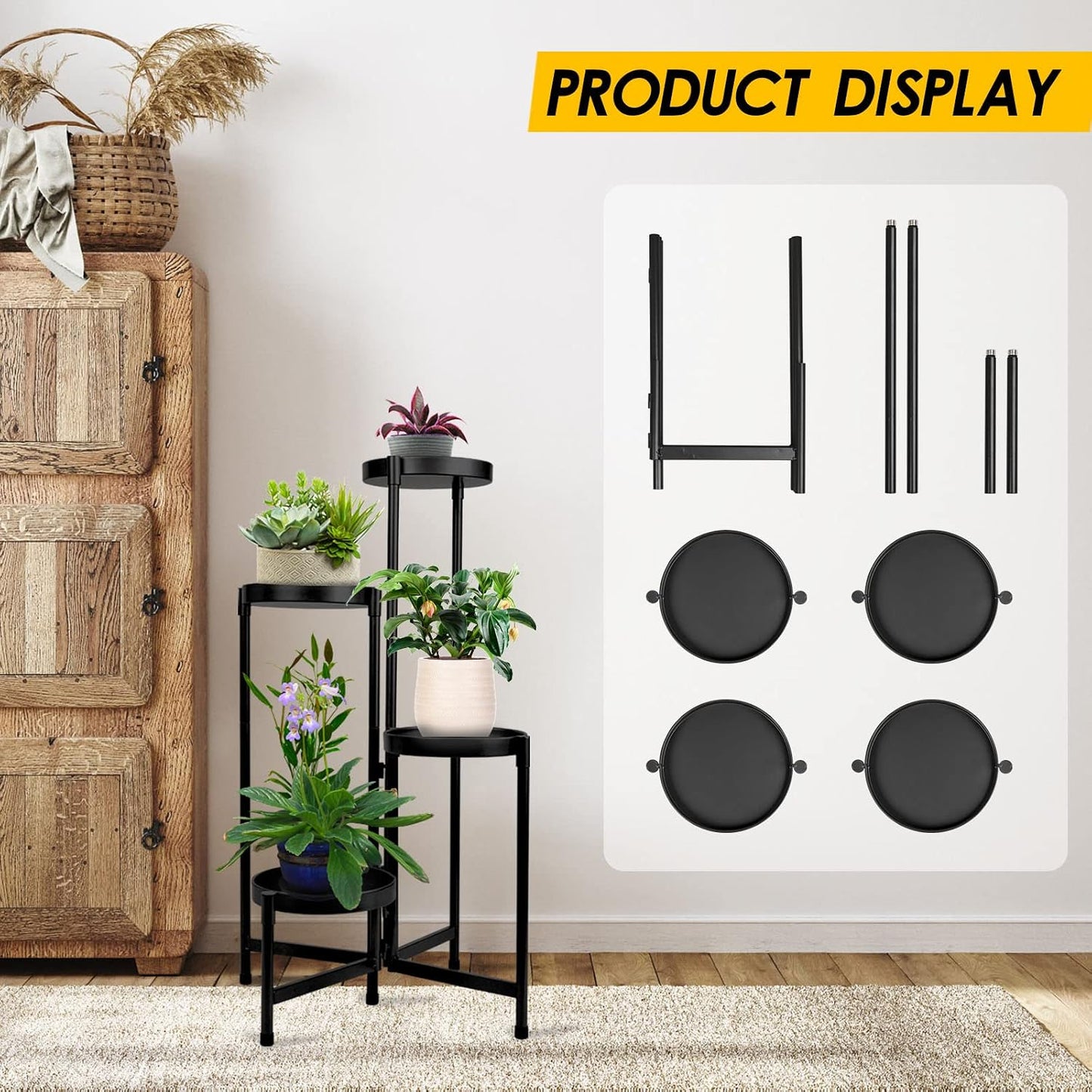 4 Tier Plant Stand Indoor Outdoor, 31 Inch Tall Metal Plant Shelf Waterproof, Plant Holder with Folding Design For