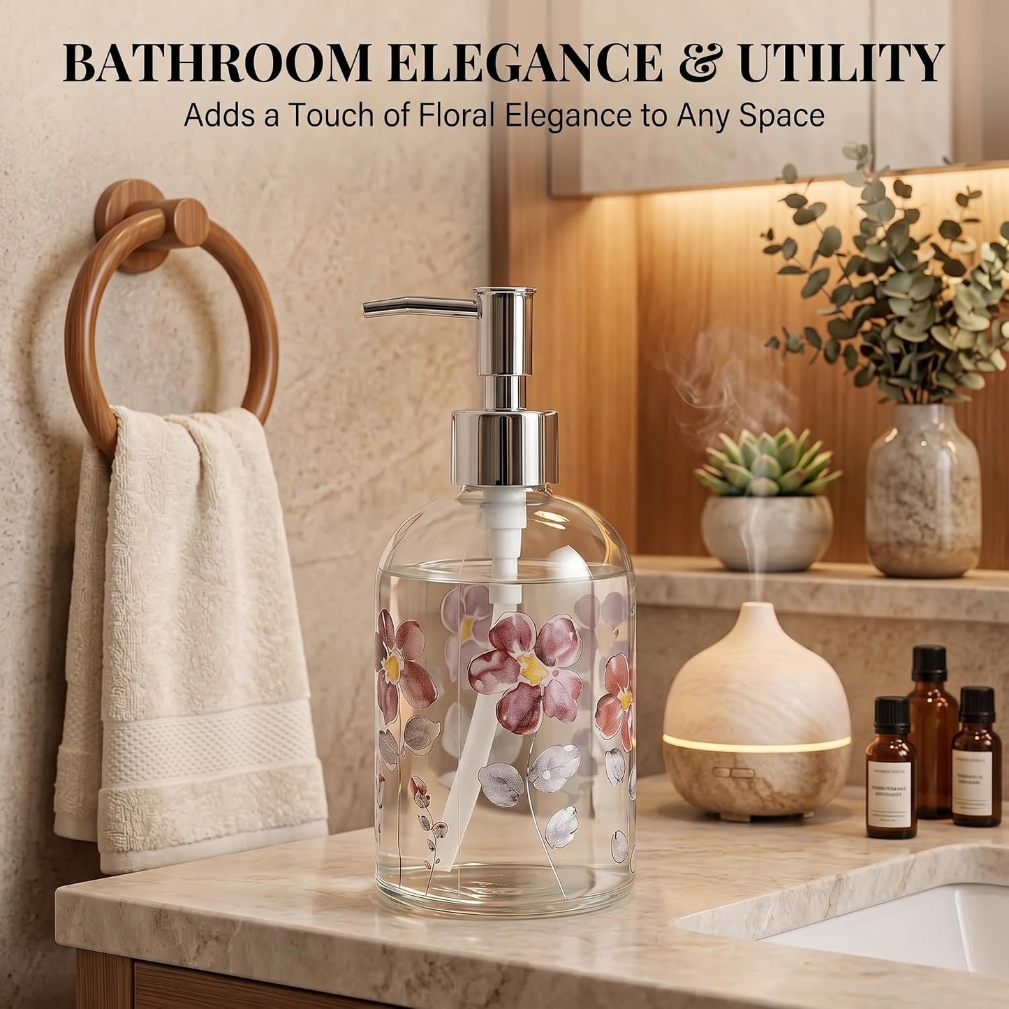 Topadorn 17oz Hand and Dish Soap Dispenser Set, Floral & Goldfinch | 2 Pack Glass Soap Dispensers with Pump, Refillable