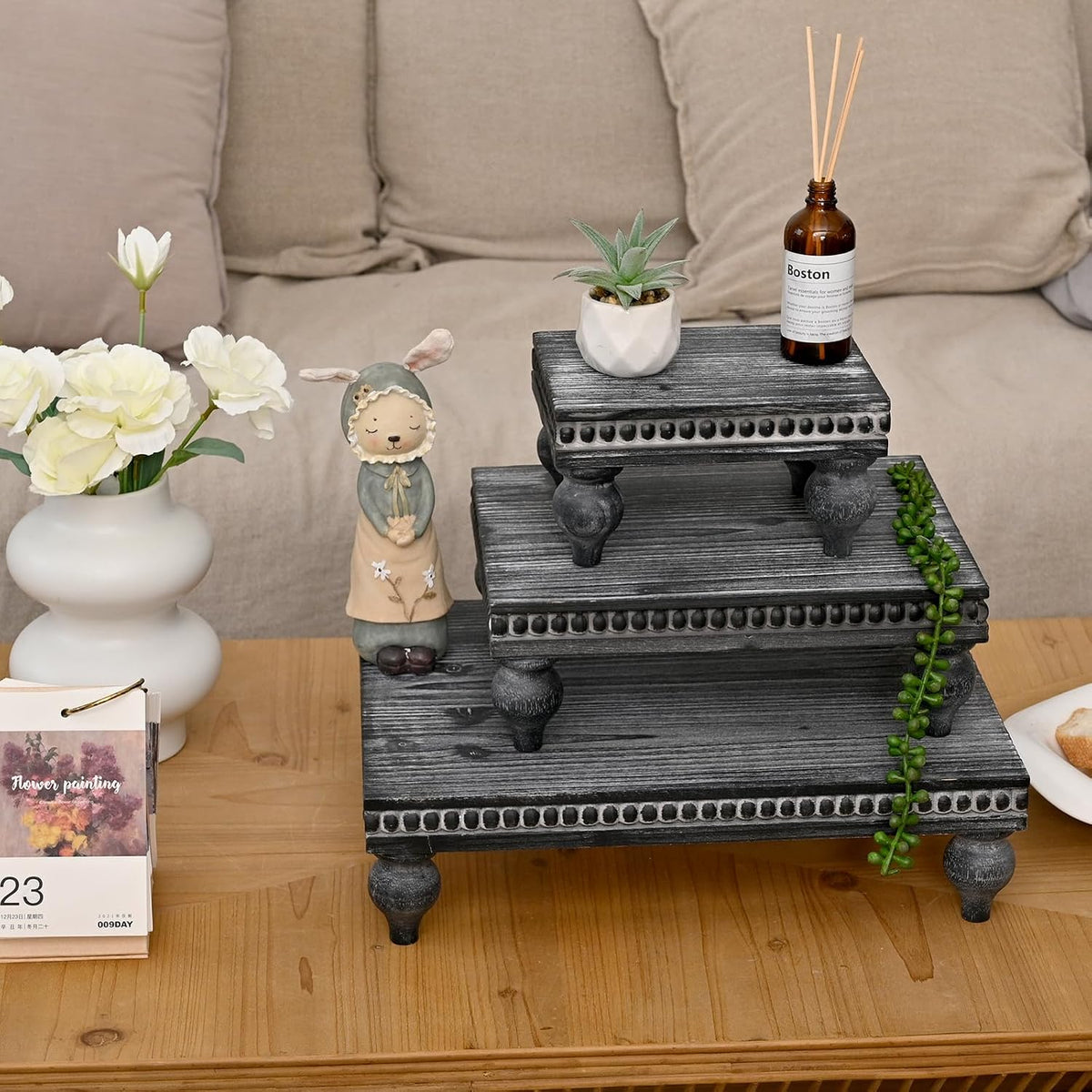 Swallowliving 3 Pcs Set Farmhouse Wood Risers for Display Decorative, Rustic Shabby Chic Tiered Tray for Kitchen