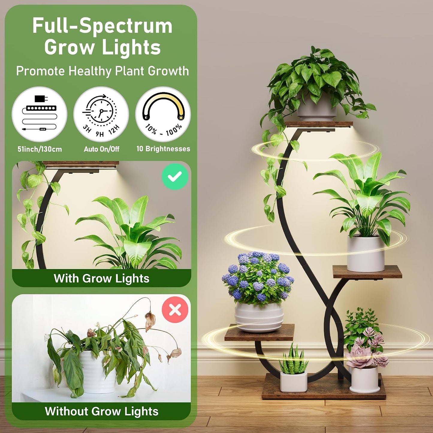 BACEKOLL Plant Stand Indoor with Grow Lights - 2 Pack Plant Shelf, Lighted Corner Plant Stands for Indoor Growing, 4