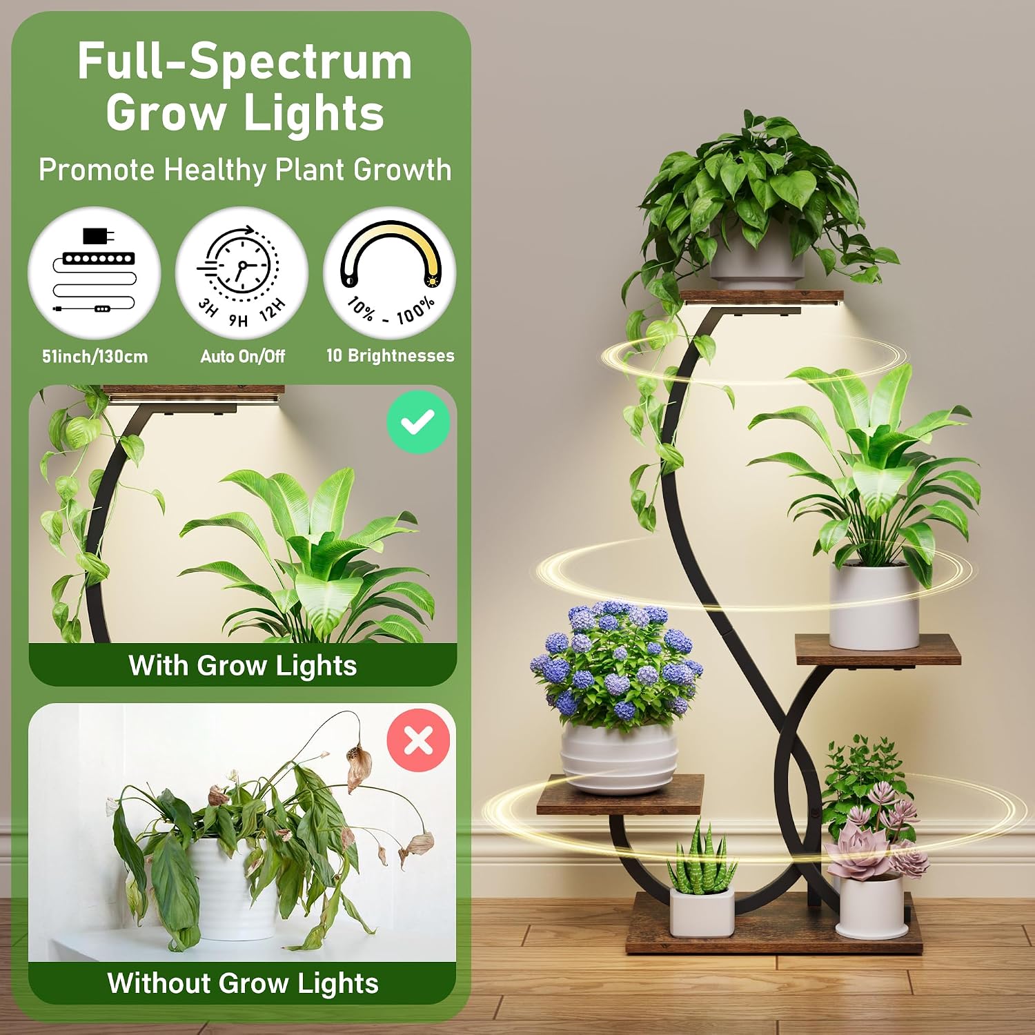BACEKOLL Plant Stand Indoor with Grow Lights - 2 Pack Plant Shelf, Lighted Corner Plant Stands for Indoor Growing, 4