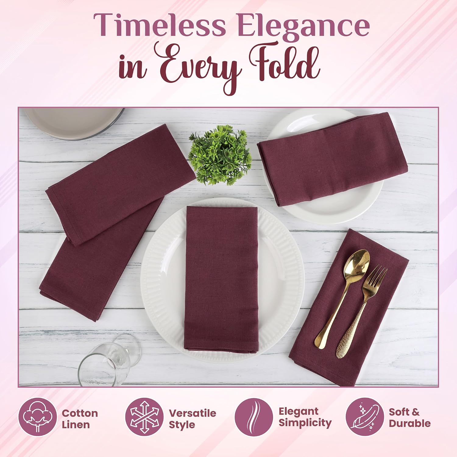 NATURALCRAFT Cloth Napkins Set of 12 Cotton Linen18x18 inch Wine | Washable Reusable Fabric Soft Durable Quality