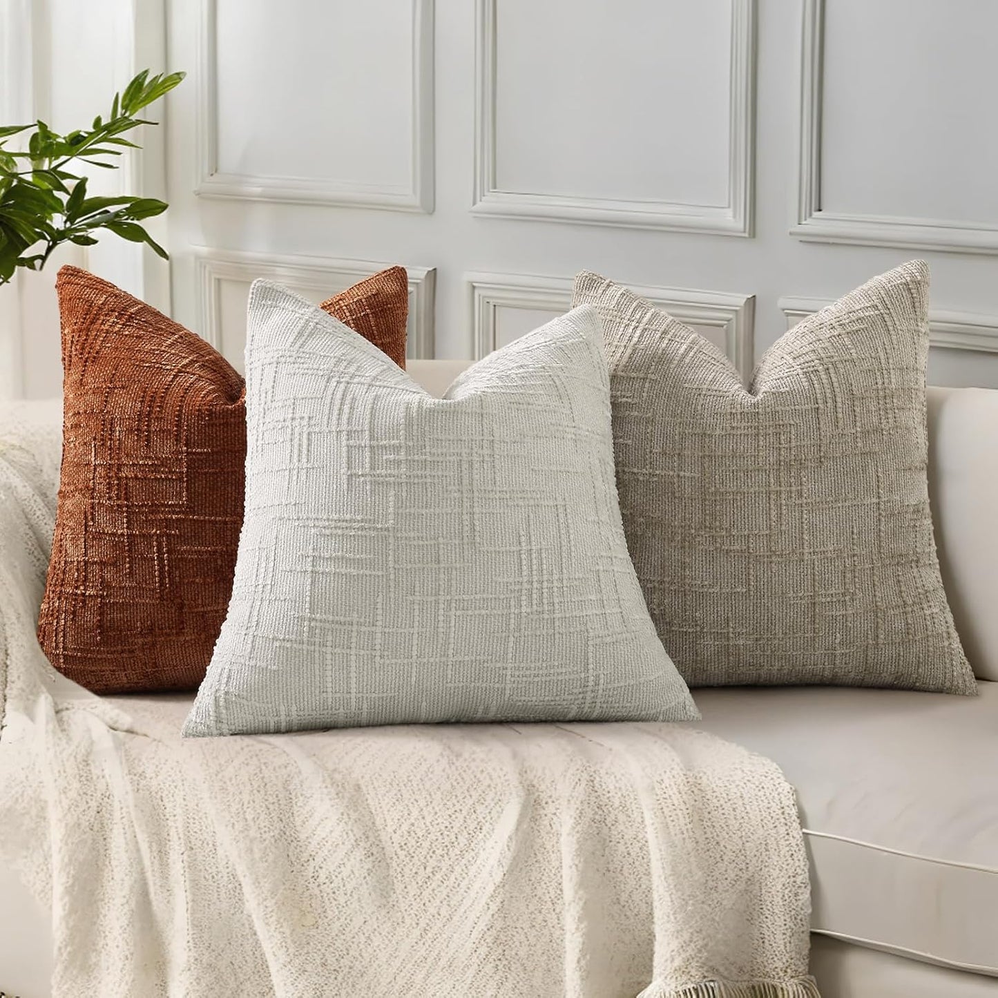 Fall Chenille Euro Sham Throw Pillow Covers Textured Soft Slubby / Light Brown / 26 x 26 / Set of 2
