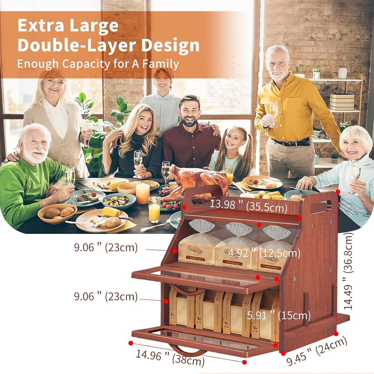 BAMBANG Bread Box for Kitchen Countertop, Extra Large Double Layer Bamboo Breadbox with Clear Window, Farmhouse Wooden