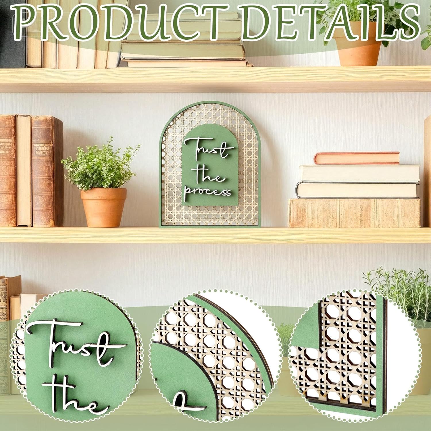 Boho Shelf Decor Trust The Process Wooden Standing Sign Inspirational Hollow Arched / Sage Green
