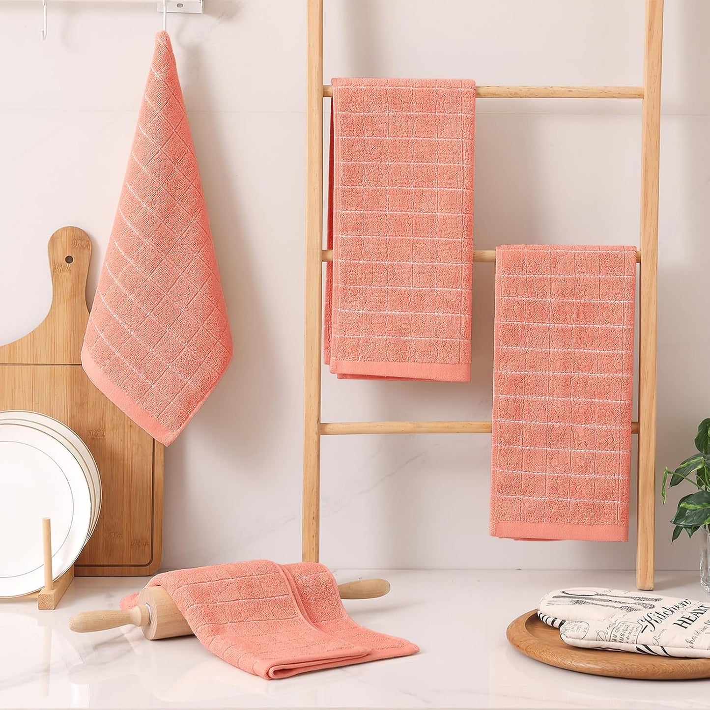 Homaxy 100% Cotton Terry Kitchen Towels, 6 Pack, Coral | Ultra Soft and Absorbent Dish Towels for Kitchen, Suitable for