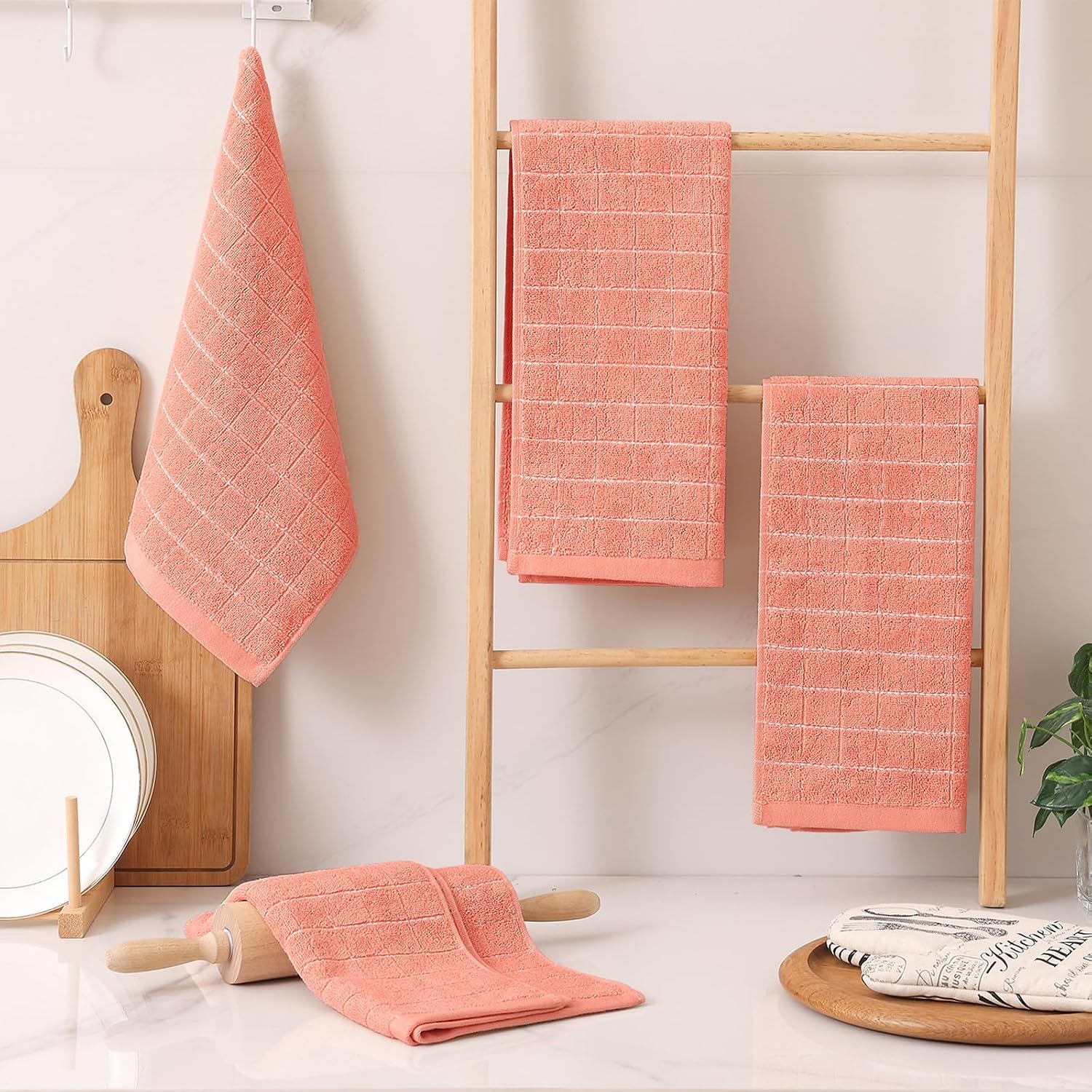 Homaxy 100% Cotton Terry Kitchen Towels, 6 Pack, Coral | Ultra Soft and Absorbent Dish Towels for Kitchen, Suitable for