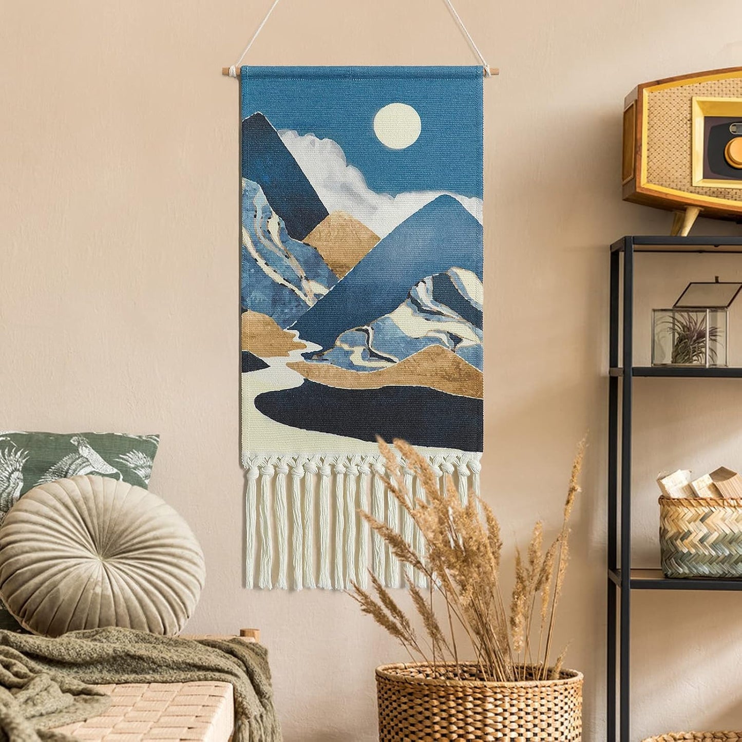Macrame Woven Wall Hanging Tapestry Boho Wall Art Moon Mountain Chic Home Decor Bohemian Aztec