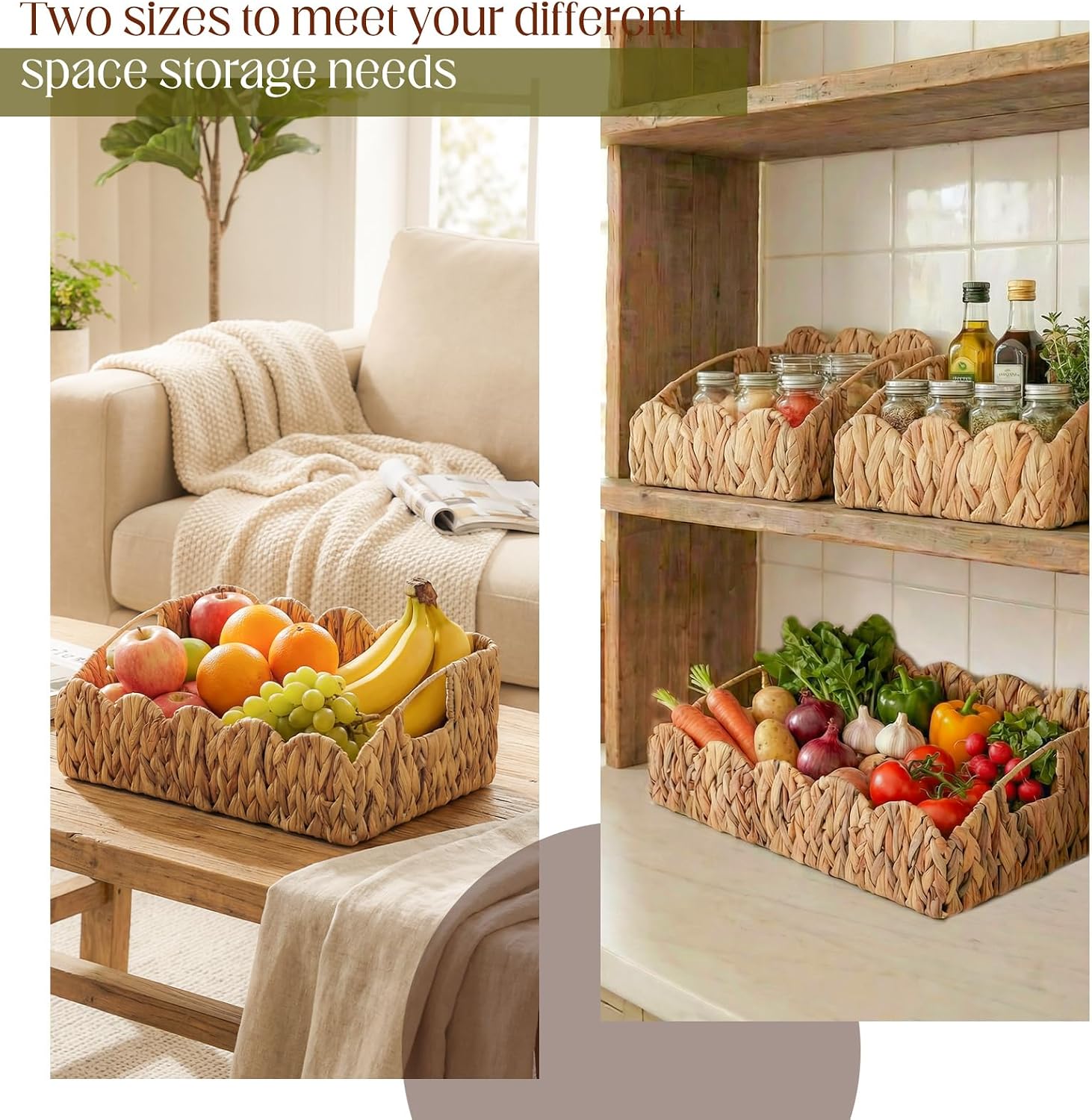 Scalloped Wicker Baskets for Storage / Set of 3
