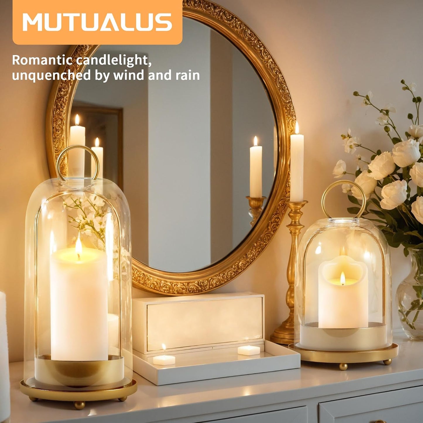 Hurricane Glass Candle Holders, Large & Medium Brass Lanterns Hurricane Candlestick Holder for Pillar Candles Vintage