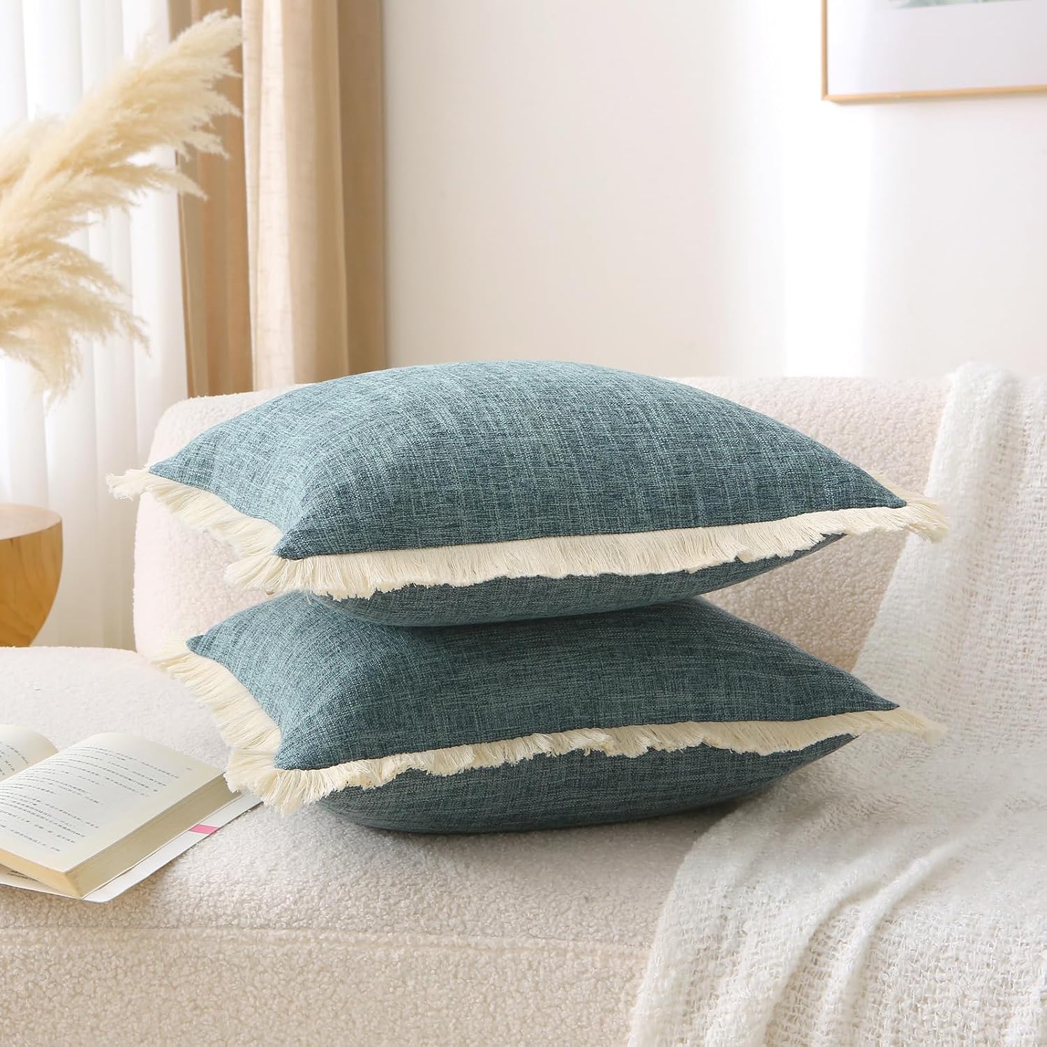 Boho Decorative Throw Pillow Covers Tassels Rectangle Linen Lumbar / Gray Blue / 20 x 12 / Set of 2