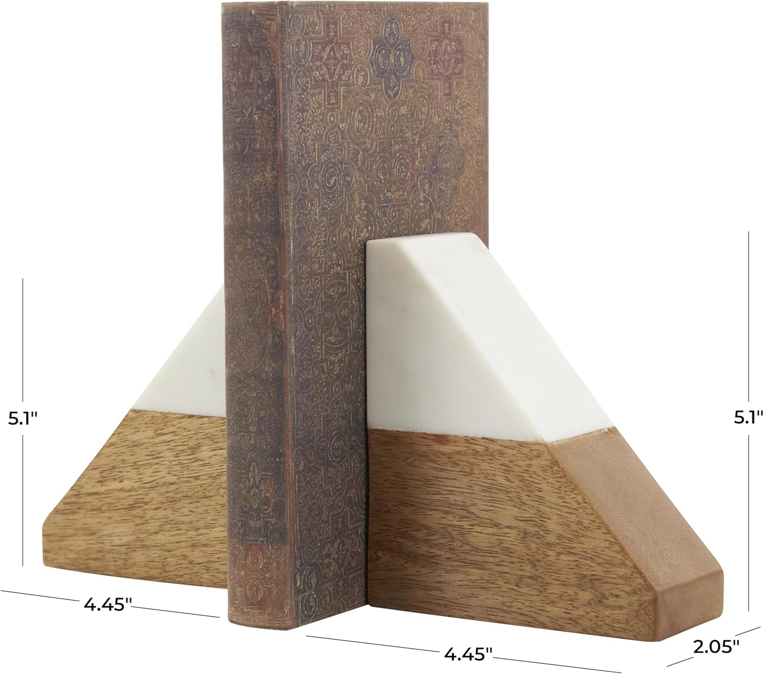 Mango Wood Geometric Decorative Bookends Triangle 3 lbs Non Skid / 4"w, 5"H / White / Set of 2