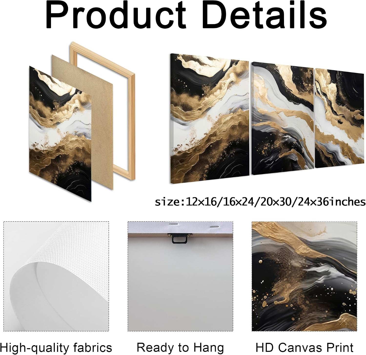 Black Gold Canvas Black Marble Picture Wall / 20L" x 30W / Black and Gold