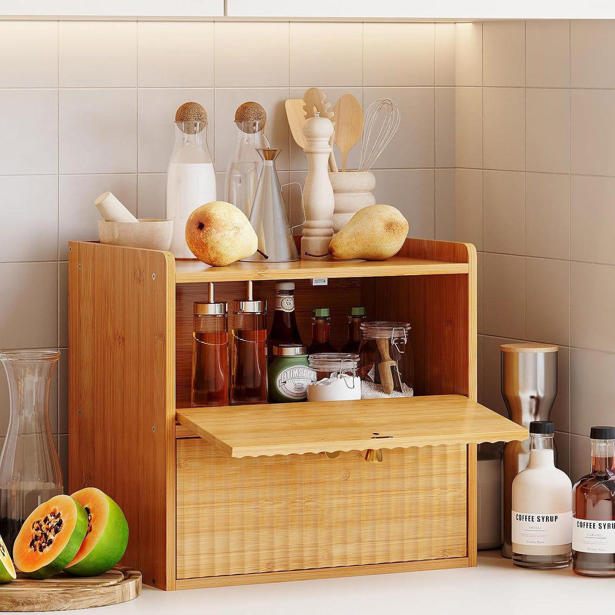 Trironsun Rustic Bread Box for Kitchen Countertop Bamboo Bread Storage Container Bin Double Layer BreadBox Farmhouse