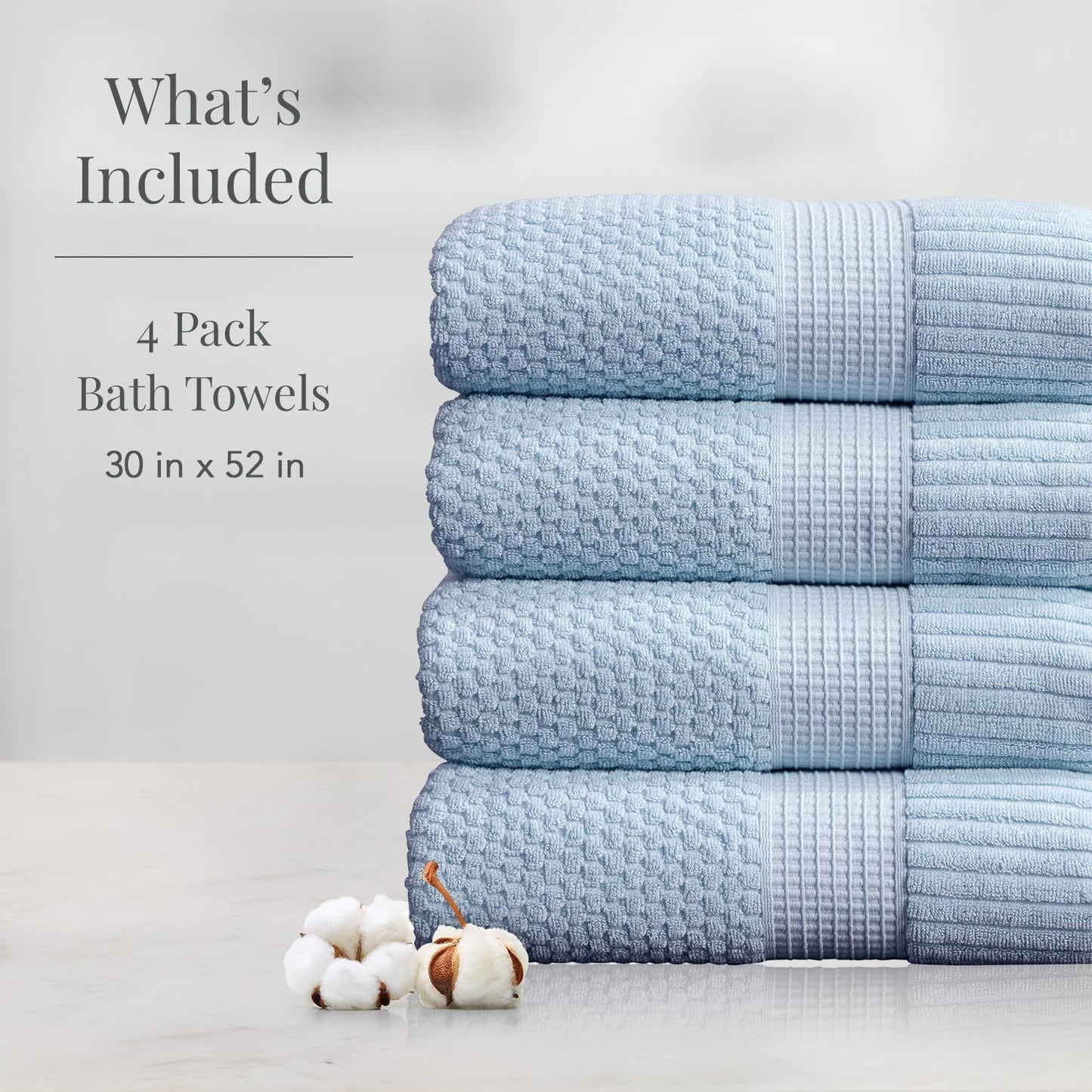 NY Loft 100% Cotton 4-Pack Bath Towel Set | Blue | Oeko-TEX | Quick-Dry | Four 30" x 52" Bath Towels | Super Absorbent