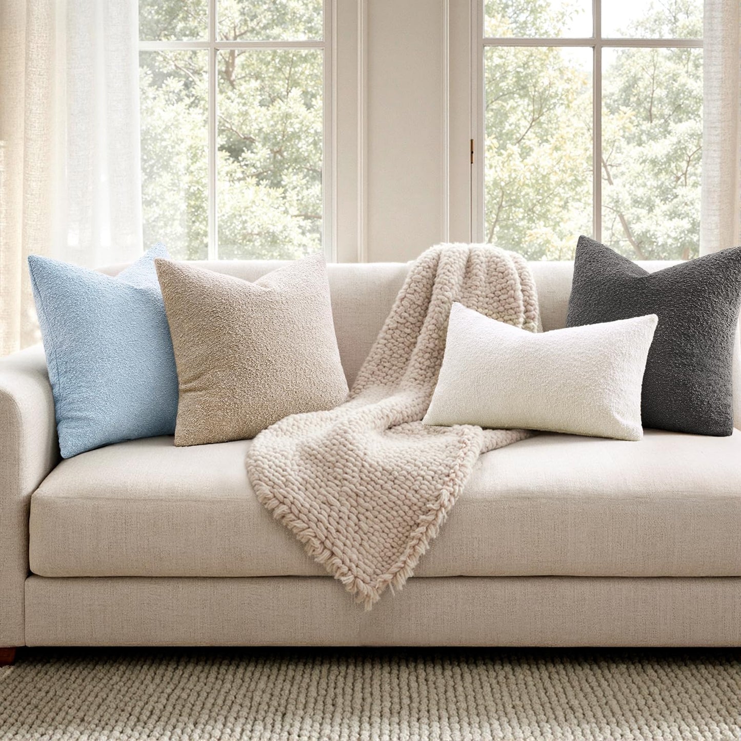 Decorative Boucle Throw Pillow Covers Textured Square Pillowcaes / 20 x 20 / Light Blue / Set of 2