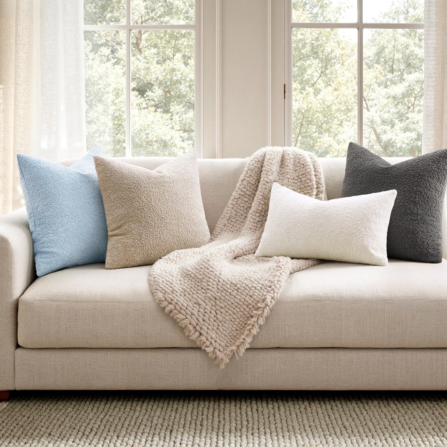 Decorative Boucle Throw Pillow Covers Textured Square Pillowcaes / 20 x 20 / Light Blue / Set of 2
