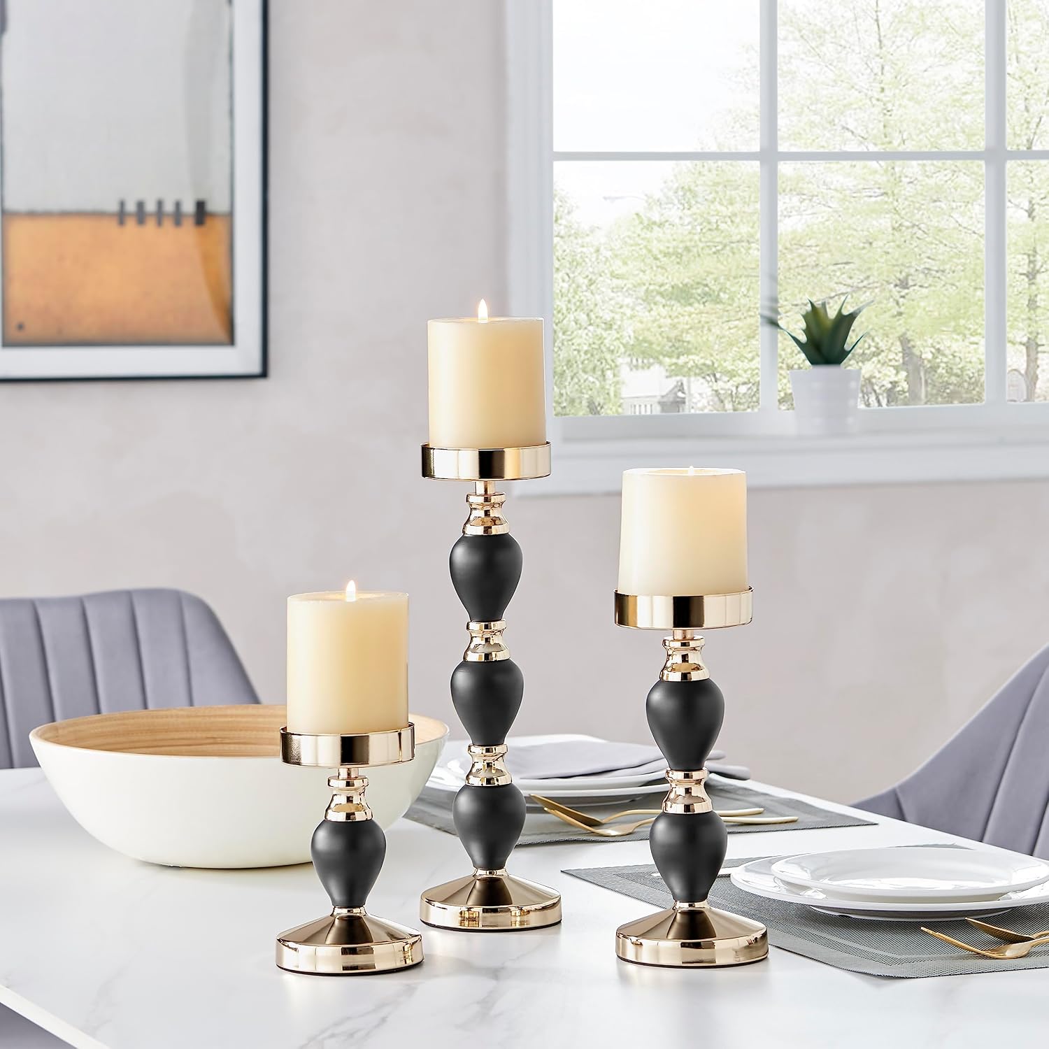 Danya B. Talia Black and Gold Candlestick Taper Candle Holders - Set of 3
