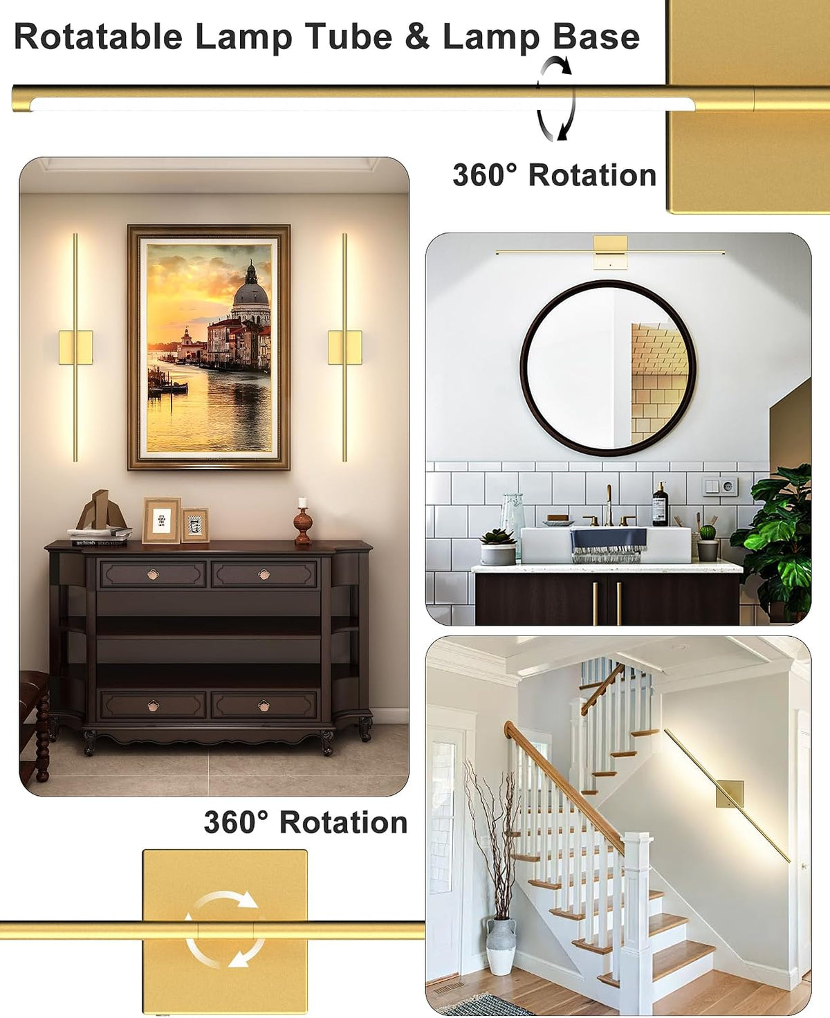 Battery Powered Wall Sconce Set of Two: Gold Wireless Rechargeable Wall Lights with Touch and Remote Control