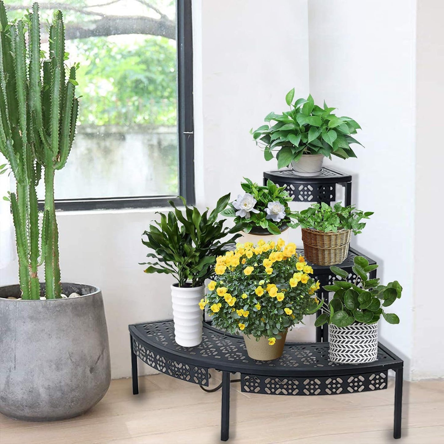 aboxoo 3-Tier Metal Plant Stand, Stair-Step Corner Shelf for Indoor/Outdoor | Holds multiple flower pots,Quarter-round