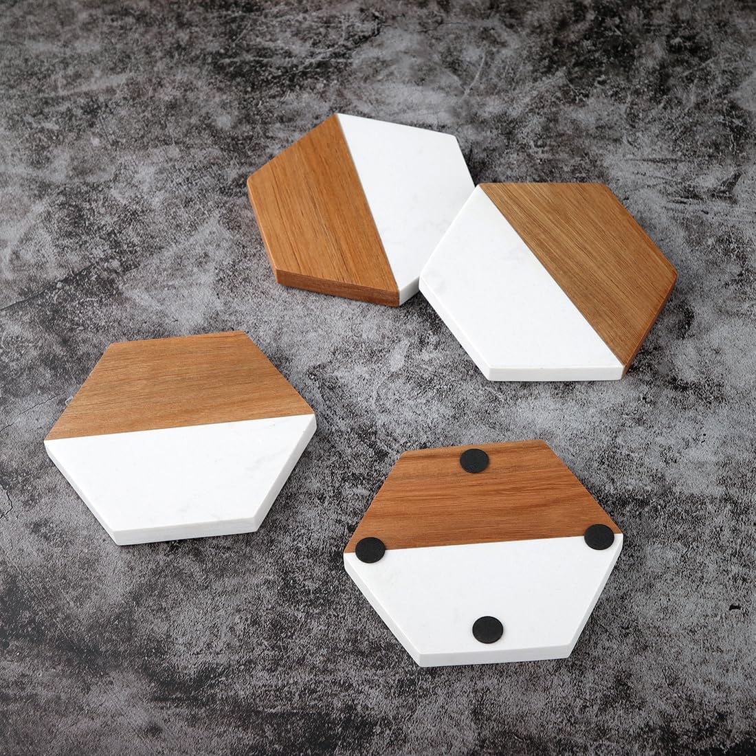 Modern Rustic Acacia Hexagon Coaster Set Decorative Bar Coaster / Hexagon White Marble + Wood