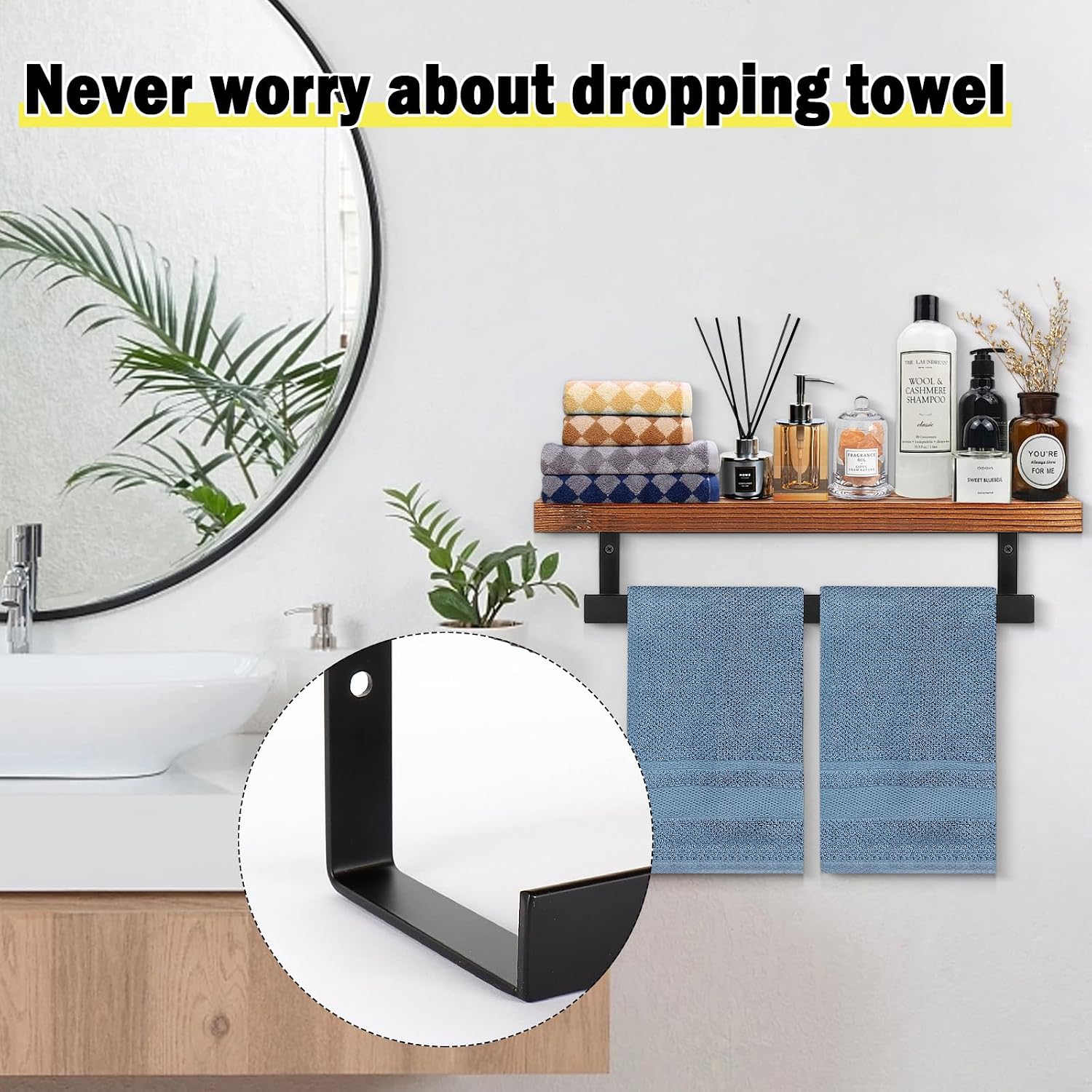 Hand Towel Holder/Towel Ring with Wooden Shelf, Hand Towel Rack, Hand Towel Hanger for Bathroom, Bath Accessories Wall