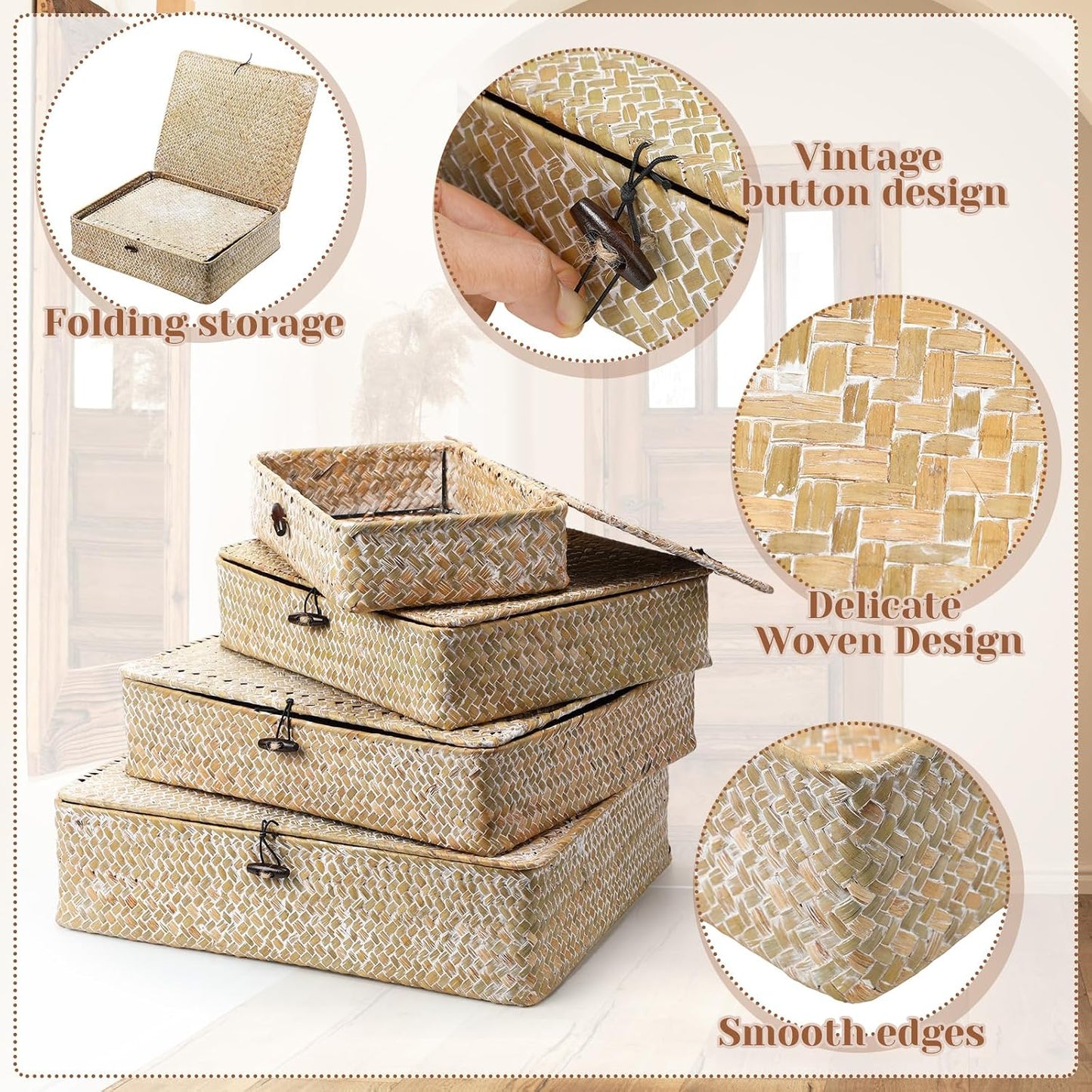 Seagrass Basket / Lid Wicker Storage Basket Decorative Storage Boxes / White / Set of 4