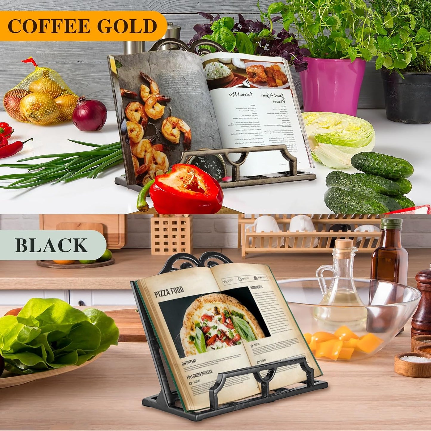 JOGREFUL Cast Iron Cookbook Stand, Kitchen Recipe Holder Classic Latte Gold | Heavy-Duty Book Vintage Holder, Reading