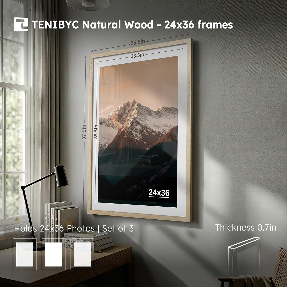 24x36 Poster Frame, Natural Wood, 3 Pack, Wall Hanging for Picture | Thick Polished Plexiglass, Large Movie Poster