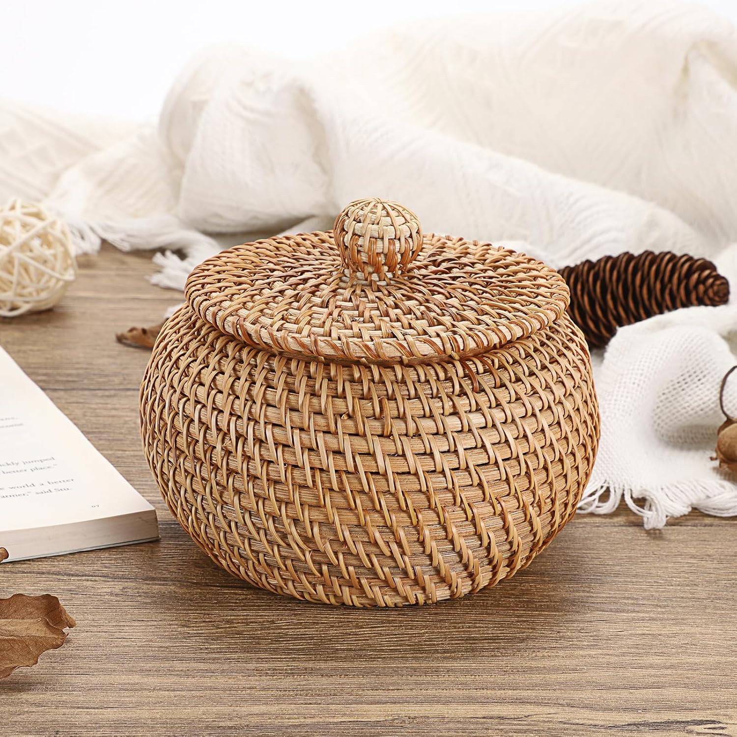 Round Rattan Basket Boxes / 4.7 x 3.3 / Small / Natural Color