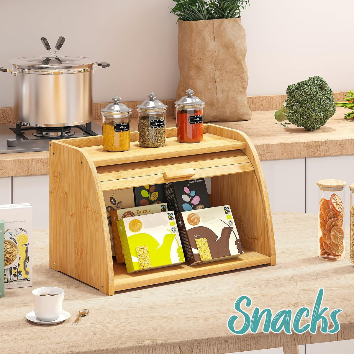 Bread Box for Kitchen Countertop, Large Bamboo Wood Bread Box, Wooden Corner Bread Storage Capacity