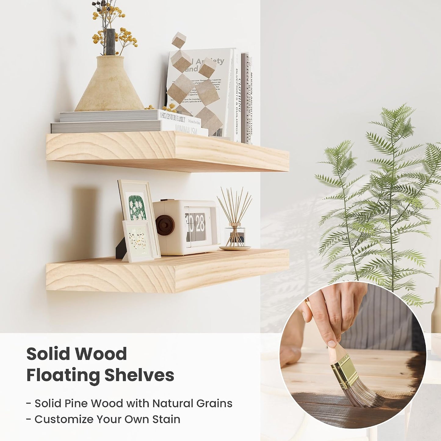 Fun Memories Wood Floating Shelves Set of 2, Rustic Pine Wood Floating Shelves for Wall Mounting, Wide Wall Shelf for