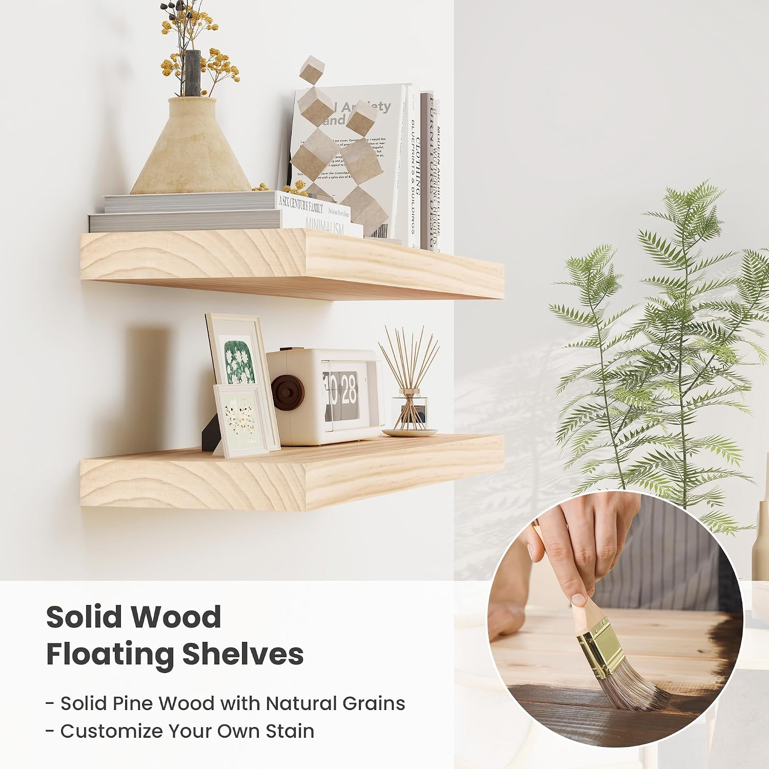 Fun Memories Wood Floating Shelves Set of 2, Rustic Pine Wood Floating Shelves for Wall Mounting, Wide Wall Shelf for
