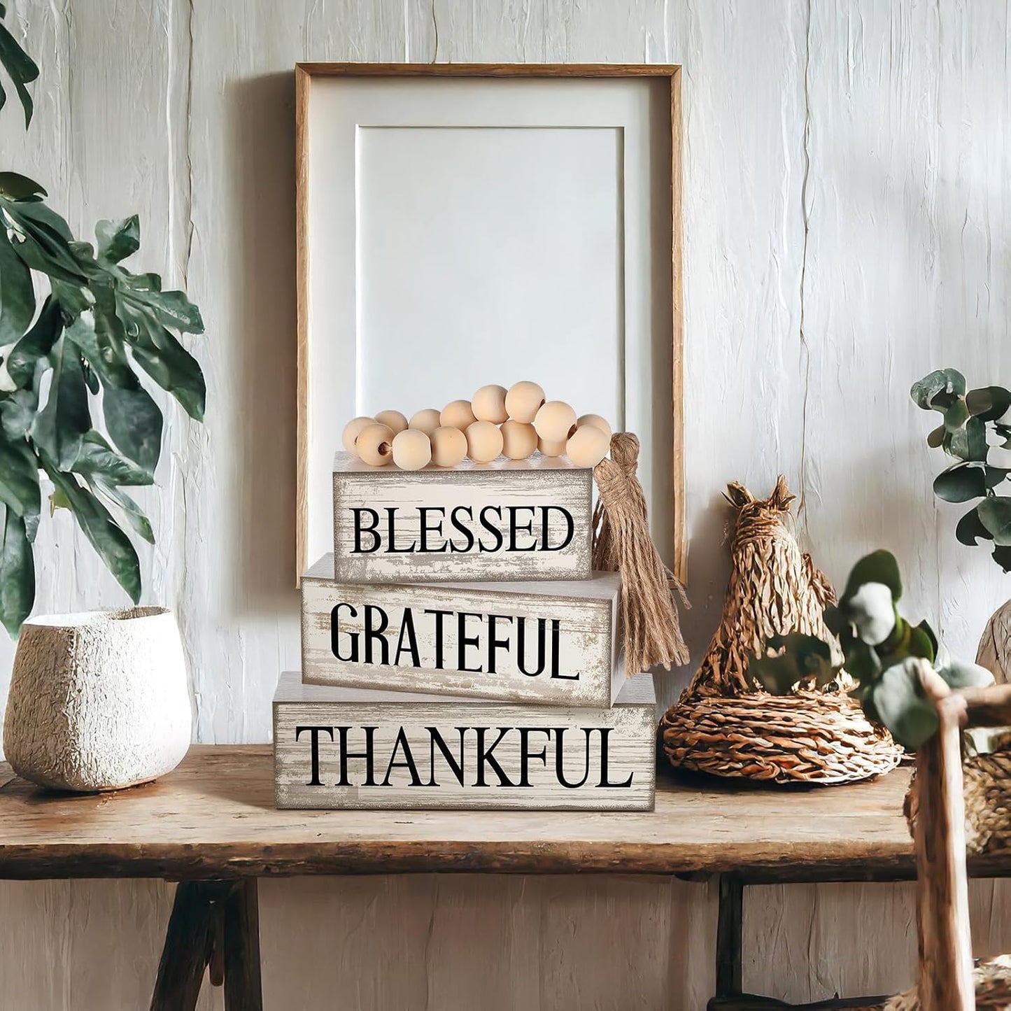 Farmhouse Wooden Tabletop Decor Neutral Farmhouse Tiered Tray Decor Rustic / Blessed / Set of 4