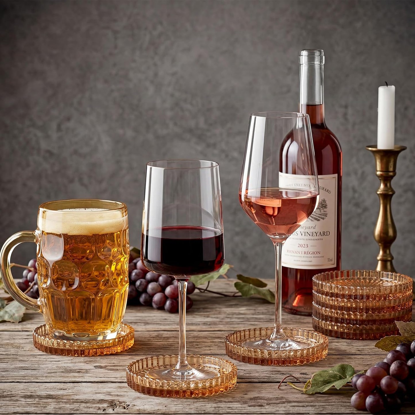 Holder Drink Coasters Crystal Round Beverage Cup Mats Candle Holder Tray / Amber / Clear / Set of 8
