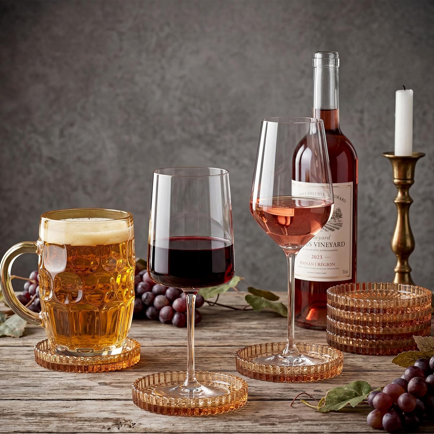 Holder Drink Coasters Crystal Round Beverage Cup Mats Candle Holder Tray / Amber / Clear / Set of 8