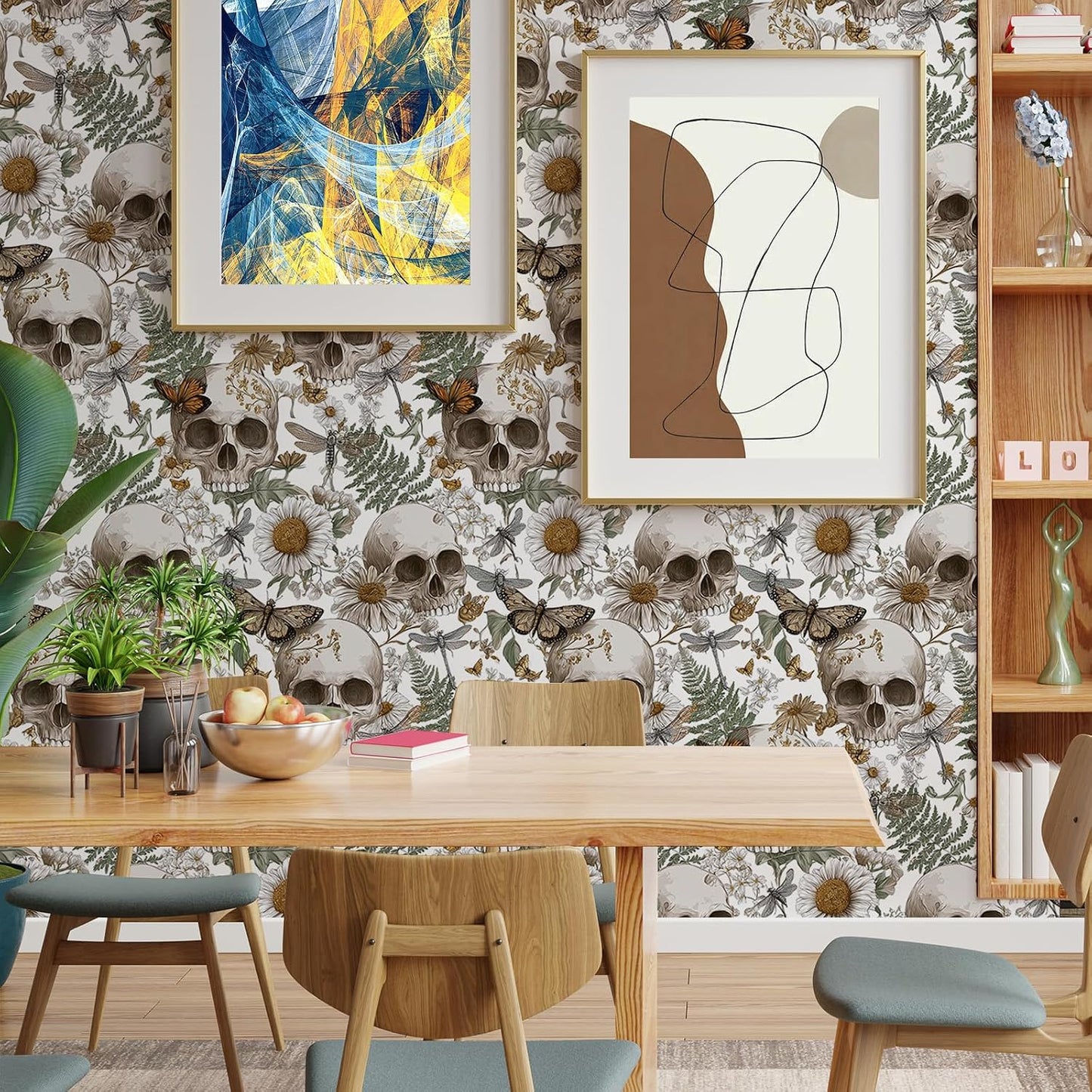 Skulls and Vintage Botanical Peel and Stick Wallpaper / 17.7 x 118.1 / Green/browns/white