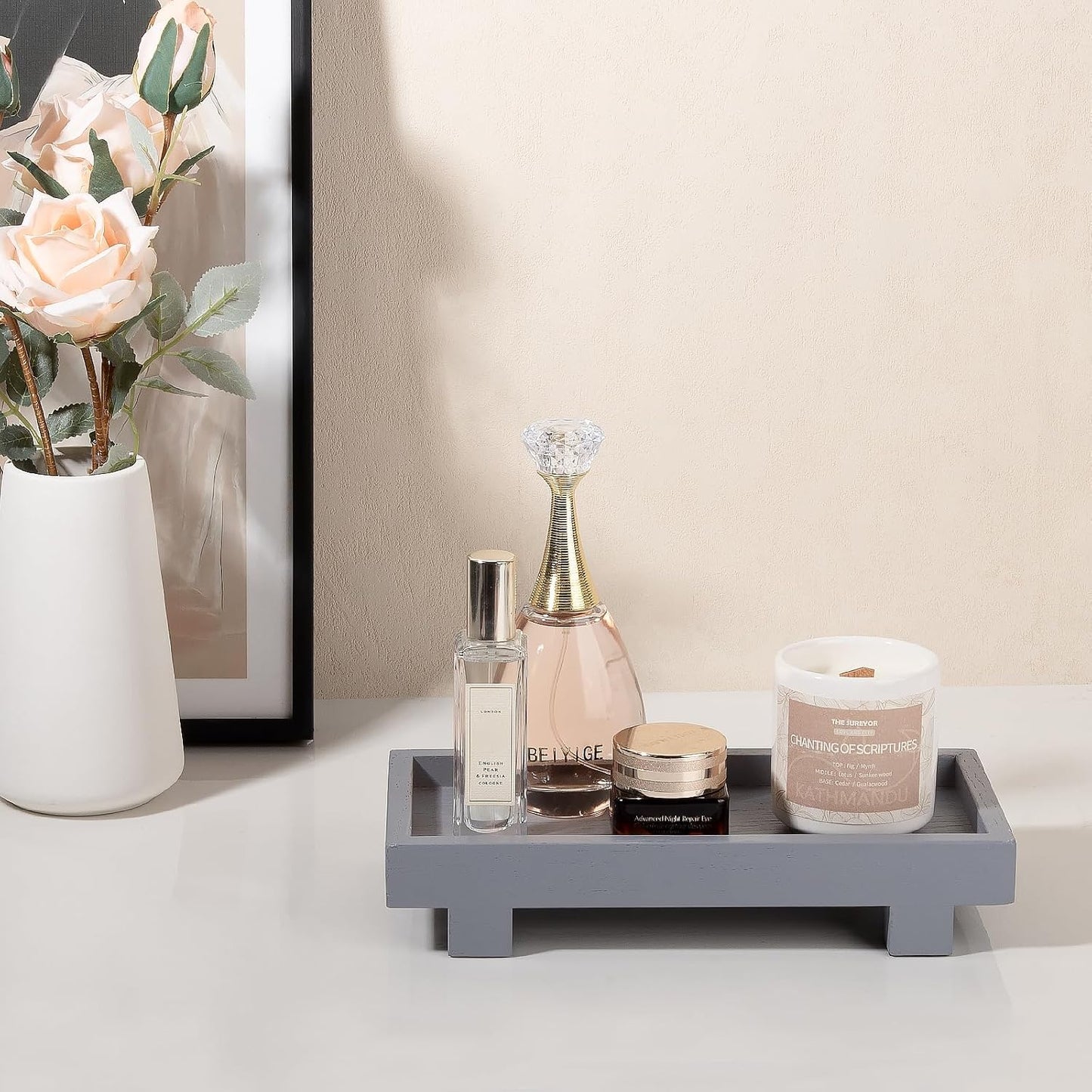 Decorative Tray Small Pedestal Stand Farmhouse Bathroom Decor Wooden Riser / Gray / 9.4 x 4.7 x 1.7