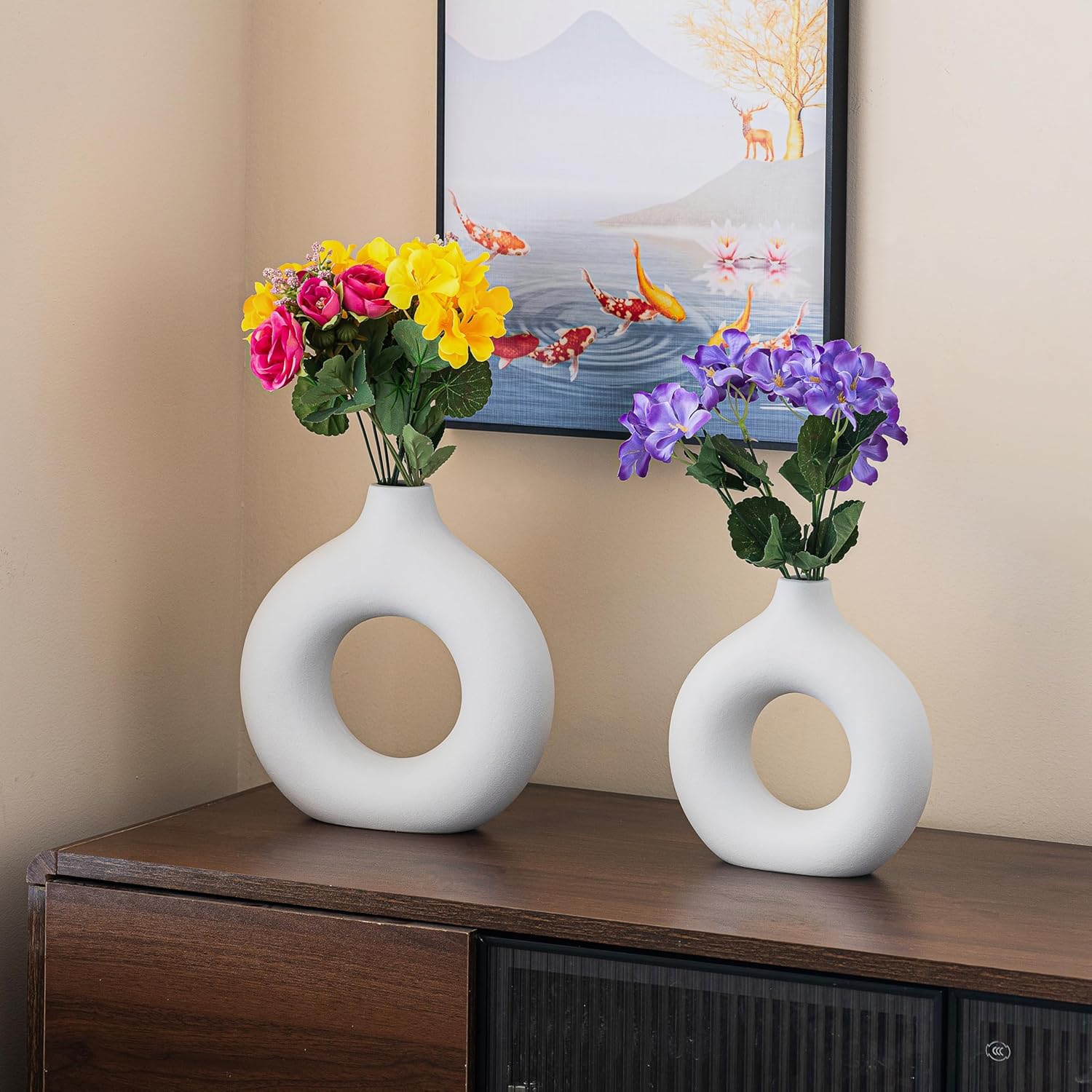 White Ceramic Vase Donut Home Decor Modern Farmhouse Round Matte Boho Style / Vt11 White / Set of 2