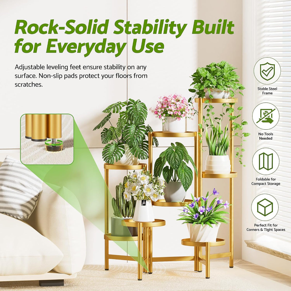 Gold Plant Stand, 8 Tiered Plant Stand Indoor for Multiple Large Planter, Tall Heavy Duty Adjustable Folding Rack with